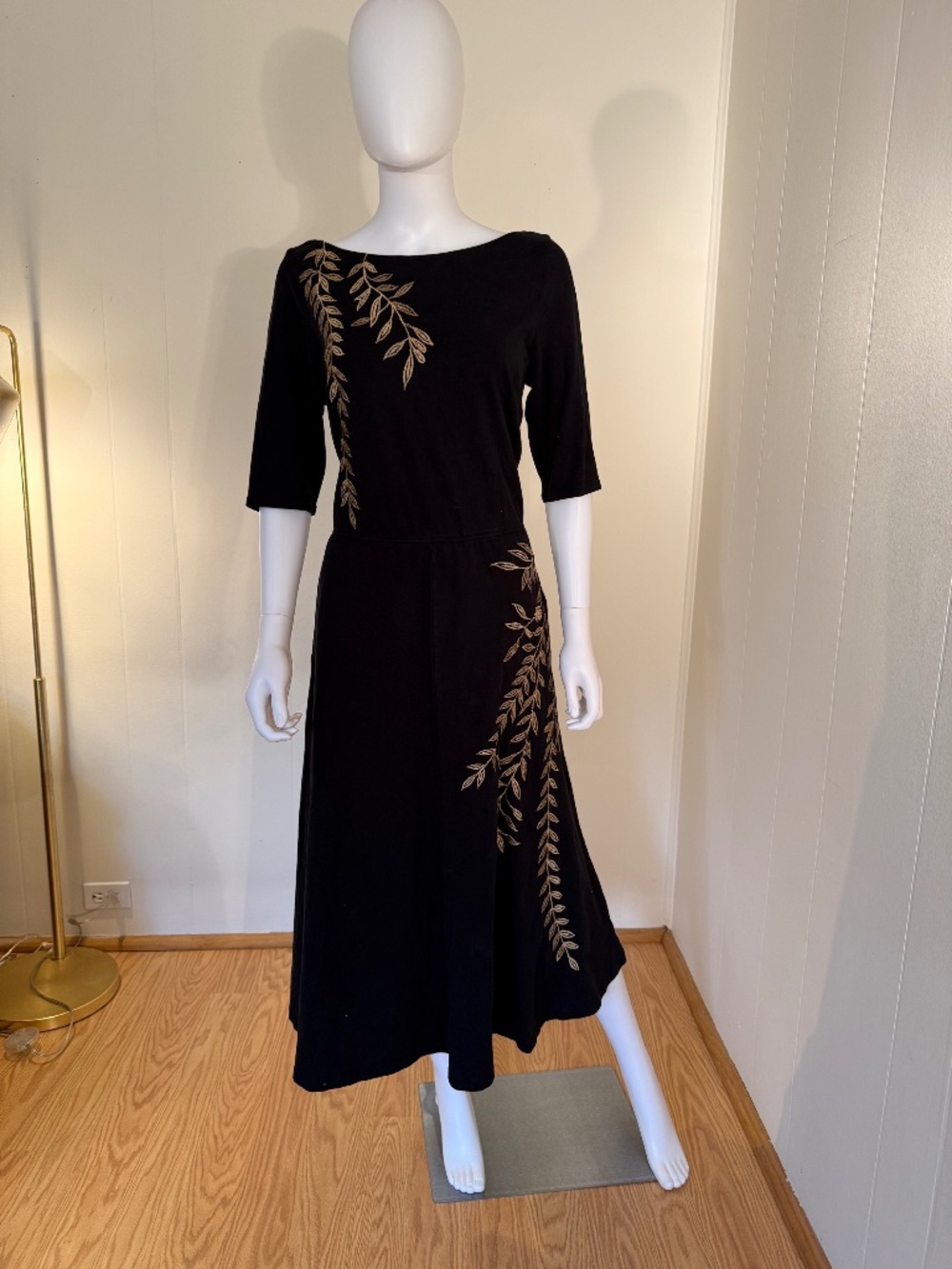 eShakti XL Black Midi Boatneck 3/4 Sleeve A-Line Dress with Gold Embroidery